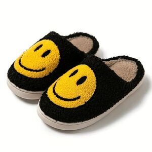 Black and Yellow Fuzzy Smiley Face Slippers Size 5.5/6